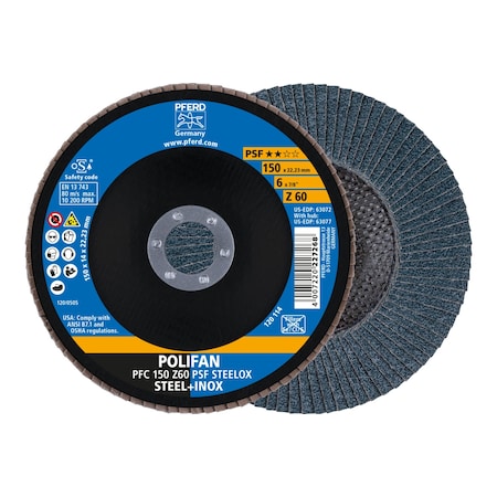 Pferd 6" x 7/8" A.H. POLIFAN Flap Disc - Z PSF STEELOX, Zirconia, 60 Grit, Conical 63072
